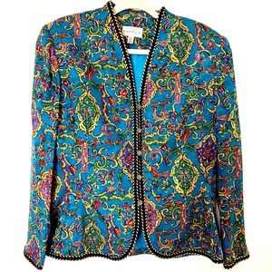 VTG Adrianna Papell 100% Silk Jacket SZ 16 Blue Purple Gold Braid Lined 80’s